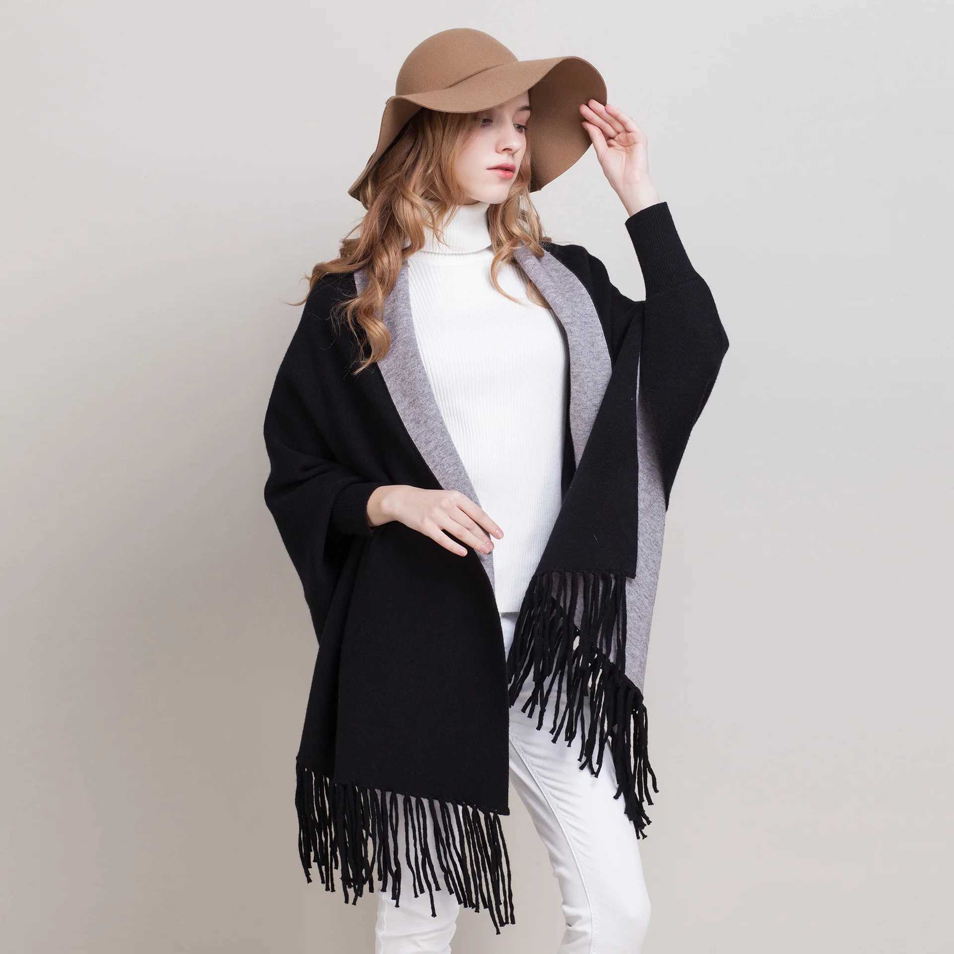 Womens raincoat with sleeves tassel knit shawl plus size cardigan winter long coat MUJI W240921