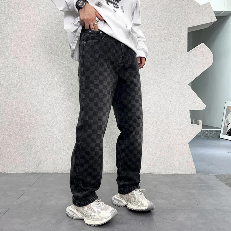 Plaid printed jeans for men Autumn Fashion Street straight loose casual wide-leg mop Y2K denim long pants 240911