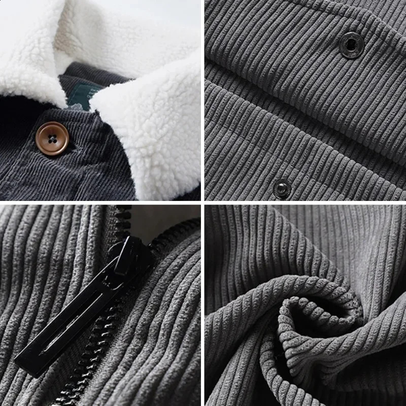 Winter Fleece Jacket Men Warm Thick Corduroy Fur Collar Coat Male Jacket Casual Fashion Outdoor Windproof Outwear Men 240911