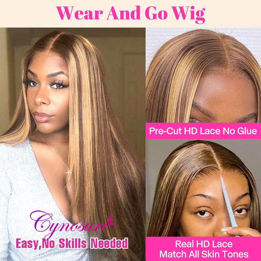 Cynosure Glueless Ready to Wear Pre plucked Straight Highlight Human Hair HD Lace Frontal Wig For Women