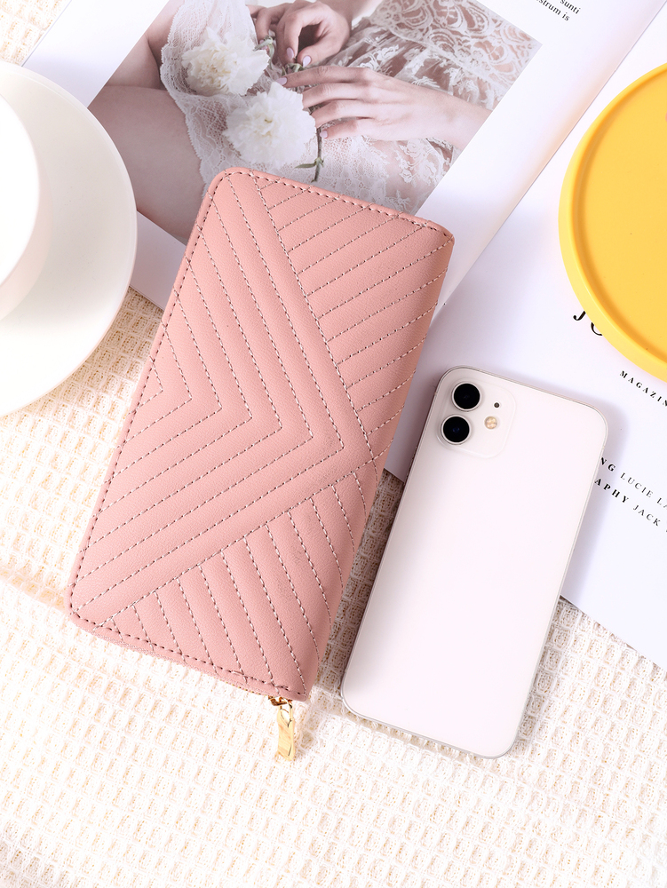 New designer wallet, fashionable solid color PU wallet, girls' zipper printed handbag, simple temperament, simple sewing, e-coin wallet, free shi