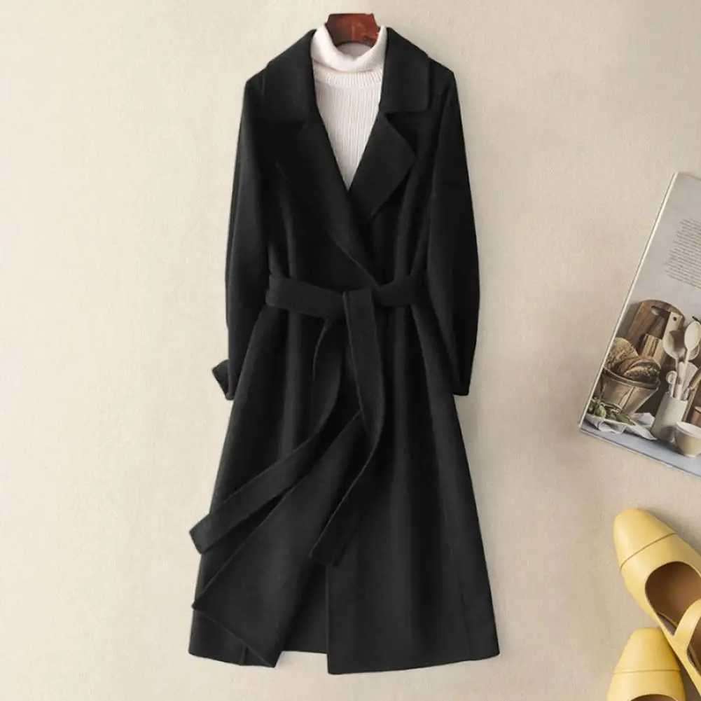 Winter Korean style double chest long black wool coat womens loose lace ribbon green 100% wool coat jacket W240921
