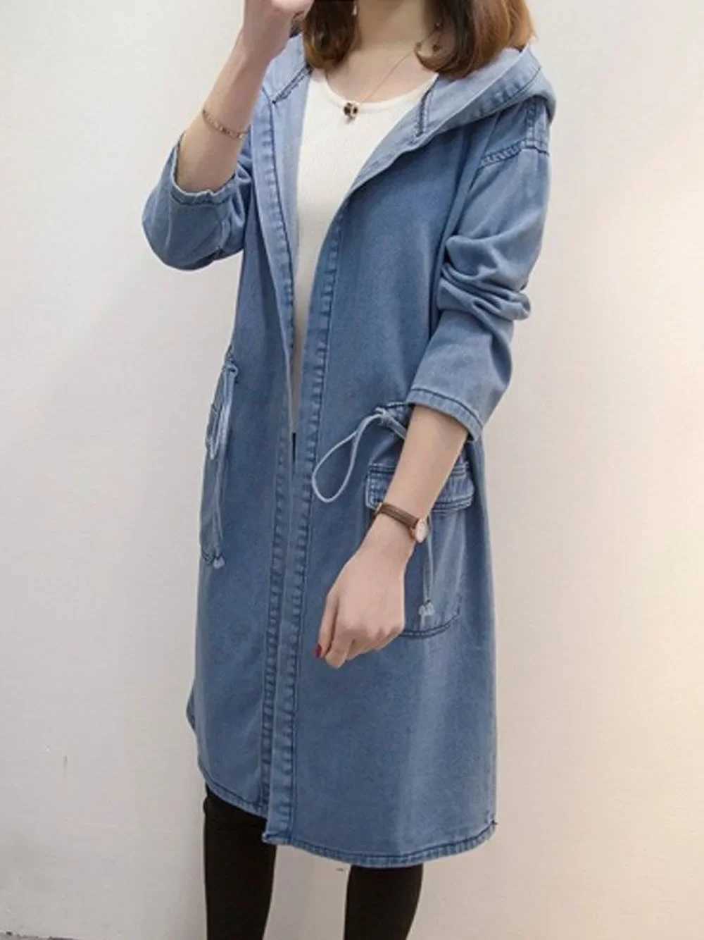 Hooded Jacket Jean Woman Cloak Denim Windbreaker Spring Autumn New Denim Jacket Female Long Loose CoatX240921