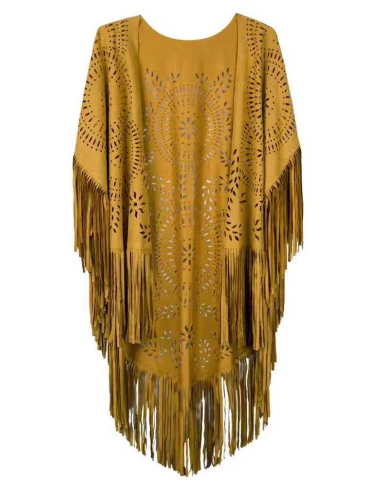 2023 new camel suede flower hollow edge tassel shawl womens retro bohemian shawl raincoat beach cardigan bohemian cape W240921