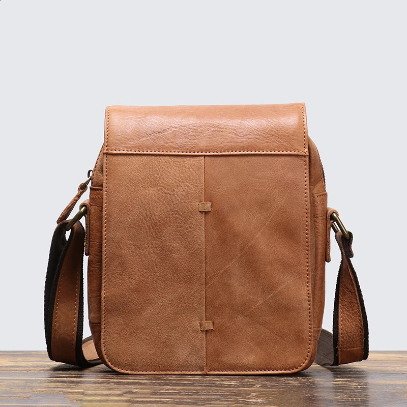 Mens leather shoulder bag fashionable mens flip denim retro suspender 79inch mini iPad Leathfocus 240919