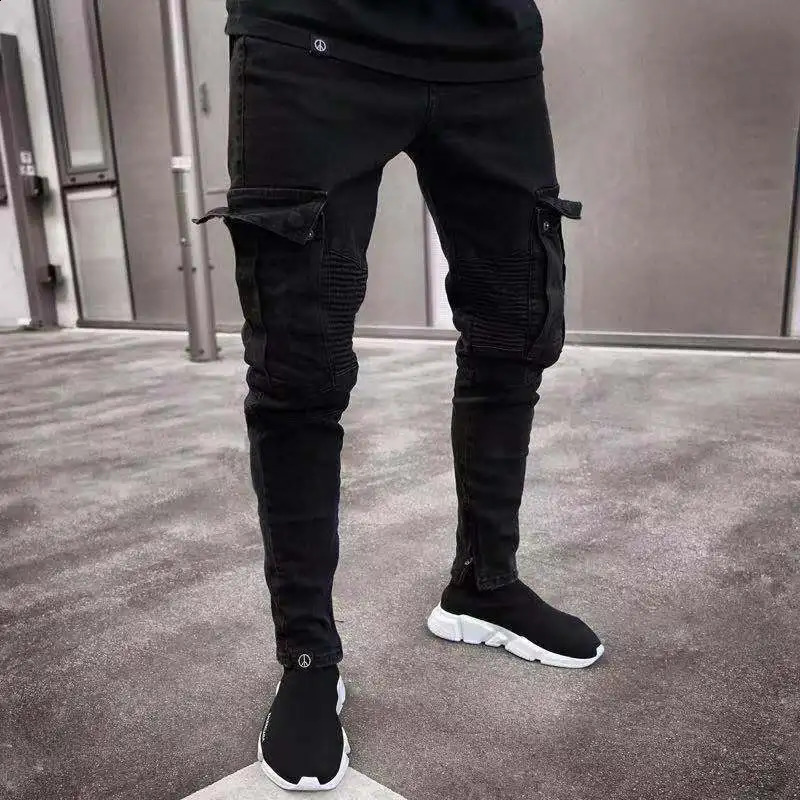 Mens Stretch Jeans Black Big Side Pockets Cargo Jeans Fashion Zipper Small Foot Denim Pants Elastic Jogging Trousers Streetwear 240921