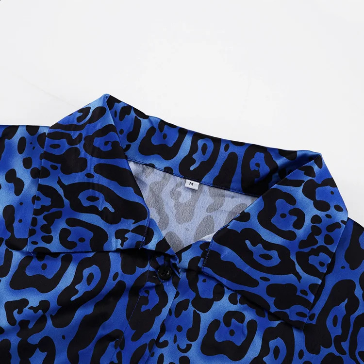 Women Long Sleeve Leopard Print Blouses Suits With Long Pants Fashion Blue Two Piece Sets Tracksuits Ladies Outfits 240918