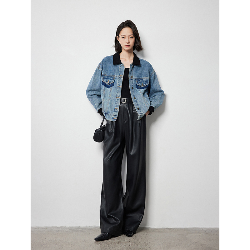 TOYOUTH Women Denim 2024 Autumn New Contrasting Color Washed Boyfriend Streetwear Outwear Jacket
