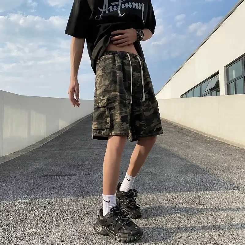 Vintage American Style Camouflage Cargo Pants For Men Loose Fit Ins Trendy Brand Oversize Drawstring Casual ShortsX240921