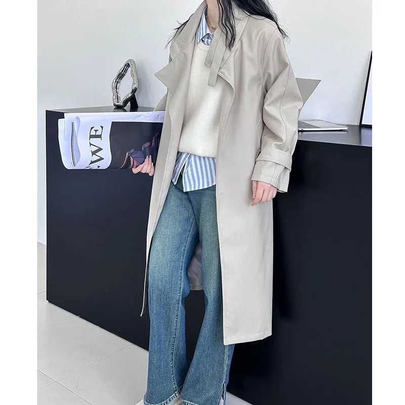 2024 Fashion Women Long Trench Coat With Belt Khaki Color Casual Loose Women Coat Trench Femme Casaco AbrigoX240921