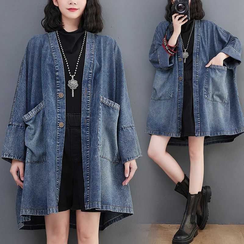 OHRYIYIE Large Size 6XL Vintage Denim Jackets Women 2023 Fashion Big Pocket Jean Jacket Female Blue Loose Oversize Trench CoatX240921