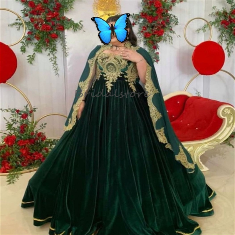 Arabian Kosovo Green Evening Dress With Cape Abaya Dubai Prom Dresses Luxe Formal Occasion Velvet Kaftan Moroccan Party Dress Vestios De Fiesta Robe D