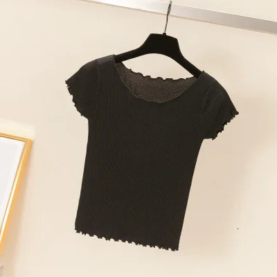 Designer Knitted Ice Silk Sleeves Women's T-shirt 2024 New Style Slimming Ruffle Collar Black Ear Edge High Waist Short Top Free Shipping