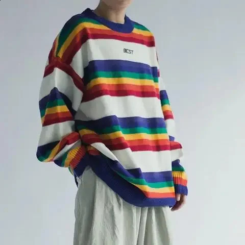 Retro colored blocked round neck knitted top with striped rainbow sweater loose fit suitable for mens autumn and winter fashion 240921