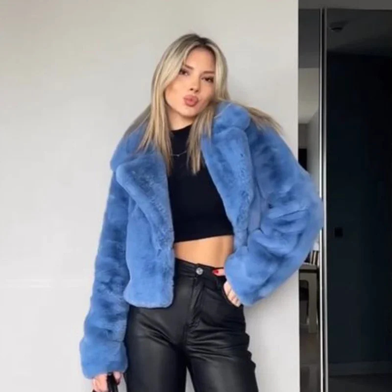 Blue Cropped Plush Coat Women Ins Chic Street Fashion Girls Winter 2023 New Trend Faux Rabbit Fur Jacket Coats Short Outwear