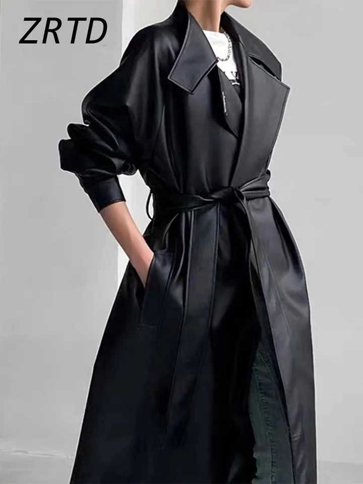 Elegant Belt Womens Leather Overcoat Loose Lapel Long Sleeve Lace Up Solid Windbreaker 2024 Autumn Winter Lady Street Long CoatX240921