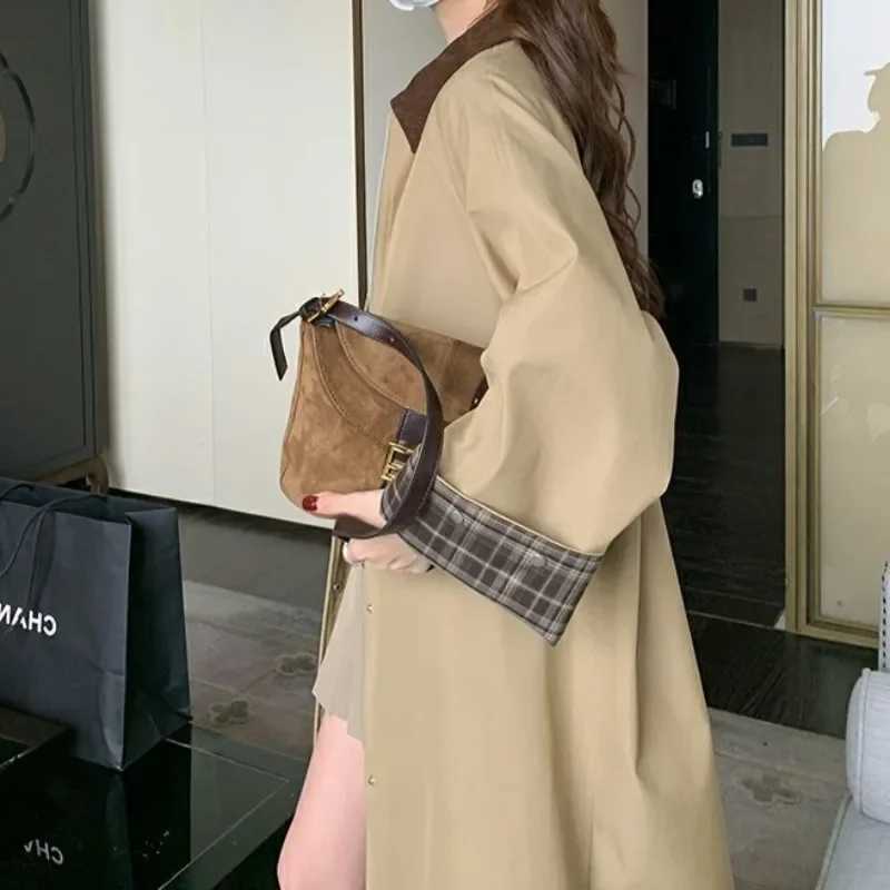 Womens Fashion Vintage Loose Khaki Long Trench Coats British Style Spring Autumn High Street Single-breasted Jacket WindbreakerX240921