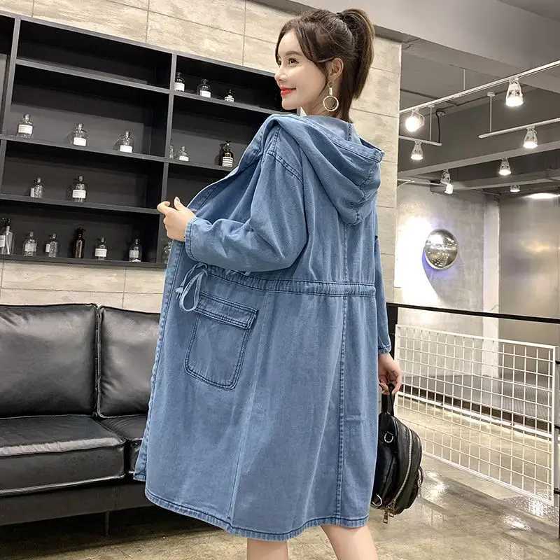 Blue Long Denim Hooded Windbreaker Jacket Long Sleeve Loose Coat Female Lace Up Drawstring Lady Outwear Plus Size Spring AutumnX240921