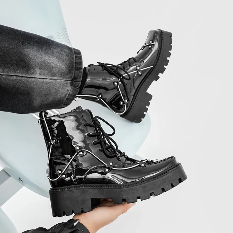 Black Brogue Shoes Men Classic Platform Oxford Dress Retro Patent Leather Footwear LowAnkle Party