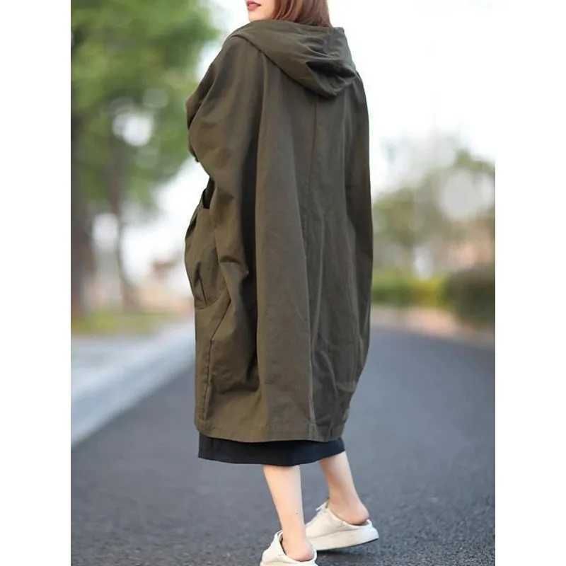 Womens Trench Coat 2023 Spring Autumn New Outerwear Hooded Pockets Loose Casual Women Clothing Vintage Windbreakers JacketsX240921