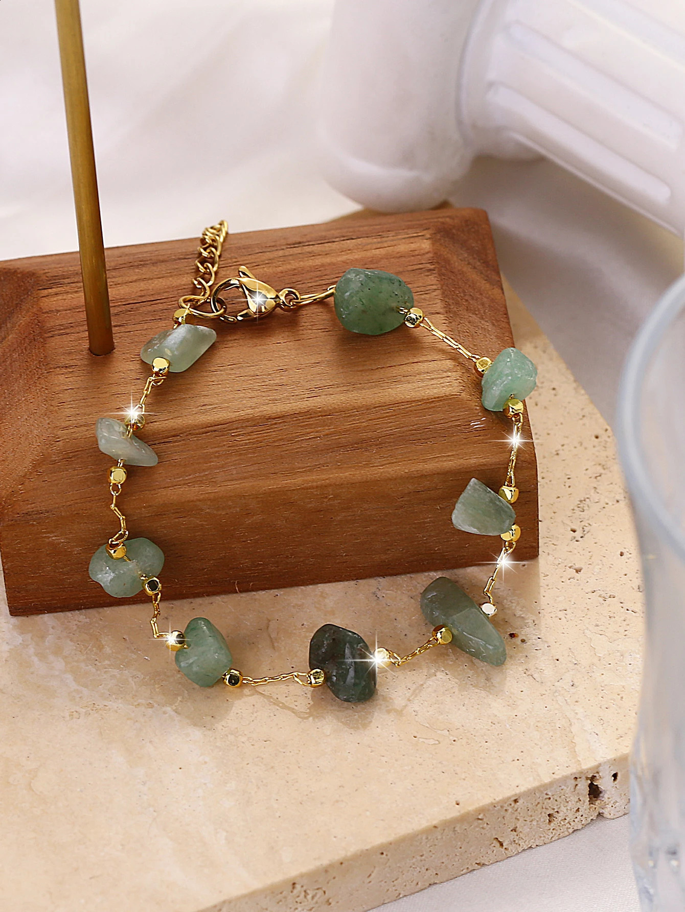1 Bohemian Beach Fashion Allinone Light Double green irregular stone stainless steel bracelet size is not fixed 240919