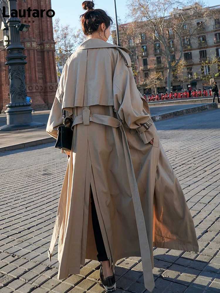 Lautaro Spring Autumn Extra Long Flowy Oversized Casual Trench Coat for Women Belt Double Breasted Loose Korean Fashion 2022X240921