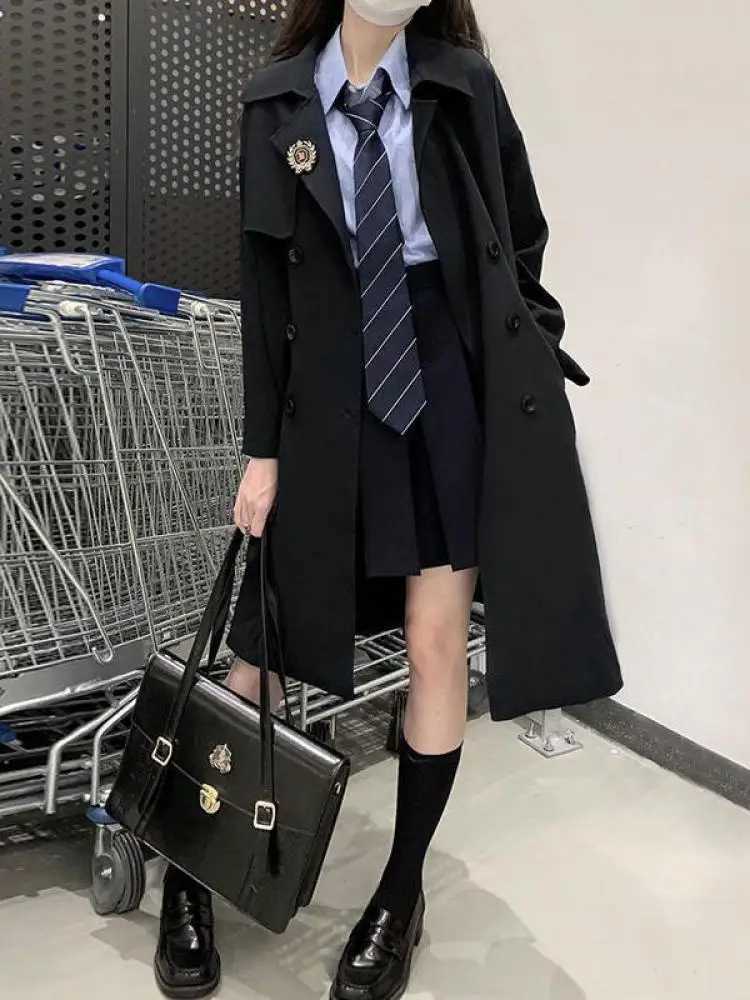 Korean Fashion Women Brown Elegant Windbreaker Coat Streetwear Clothes Autumn Black Vacation Mid Length Trench Jacket PopularX240921