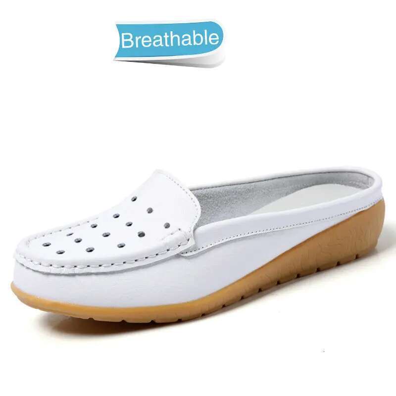 Summer Genuine Women Flats Hollow Slip On Leather Loafers Ladies Shoes Korean Style Soft Moccasins Half Slippers Size 43