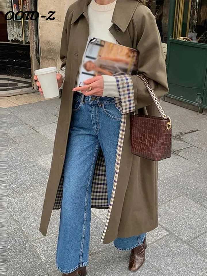 Women Plaid Lined Long Windbreakers Loose Lapel Single Breasted Long Sleeve Female Jackets 2024 Autumn Vintage Lady CoatsX240921
