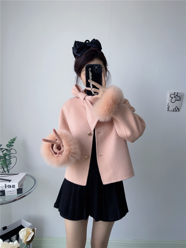 2024 New Winter Cashmere Wool Woolen Women Jacket Real Natural Fox Fur Cuff Ladies Outwear Female Coat