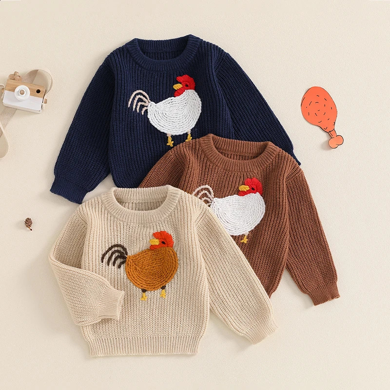 Retro winter born baby sweater casual rooster embroidery warm knit long sleeved floral baby knit 240918