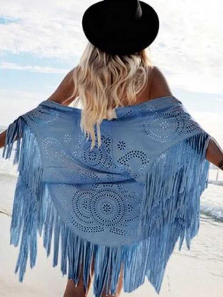2023 new camel suede flower hollow edge tassel shawl womens retro bohemian shawl raincoat beach cardigan bohemian cape W240921