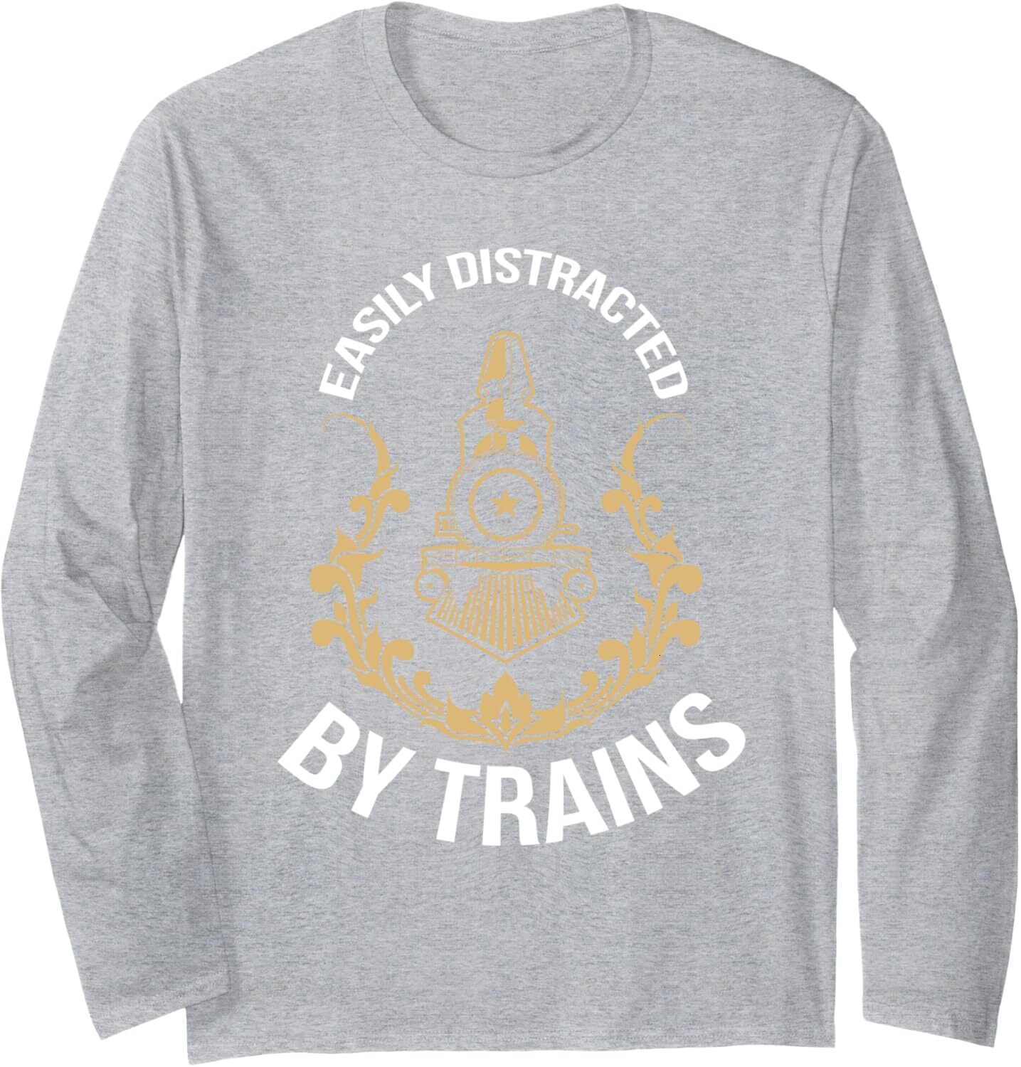 Long Sleeve Shirts for Men sweatshirt Vintage Easily Distracted By Trains Hobby Rails Trainspotter Long Sleeve Tee Streetwear Casual tops clothes