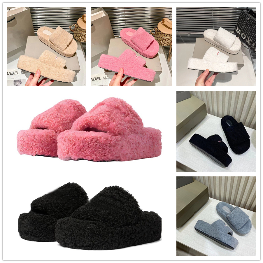 Furry Slippers Luxury Men Women Designer Sandals Slider Lady Fashion Wool Fur Fluffy Letters Flat Slides Black White Pink Grey Beige Warm Platform Flip Flops Scuffs