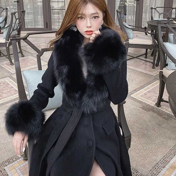 LOLIBOOK Womens Winter Warm Cotton Coat with Large Fur Collar A-line Ultra Thin Wool Coat French Fashion Hepburn Thick Artificial Fur Coat W240921