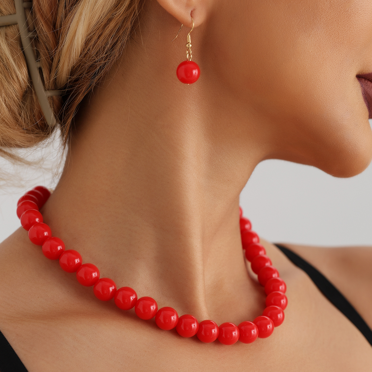 Women's Red Acrylic Bead Necklace with Geometric Design for Collarbone Wear Dangle Earrings Choker Necklace Jewelry Set Party Gifts Dropshipping