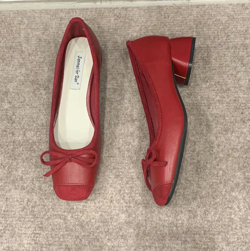 Fashion Elegant Red Ballerinas Women Pumps Slip on Loafers Round Toe Square Heels Bowknot Casual Spring Autumn Low Heel Shoes 240921