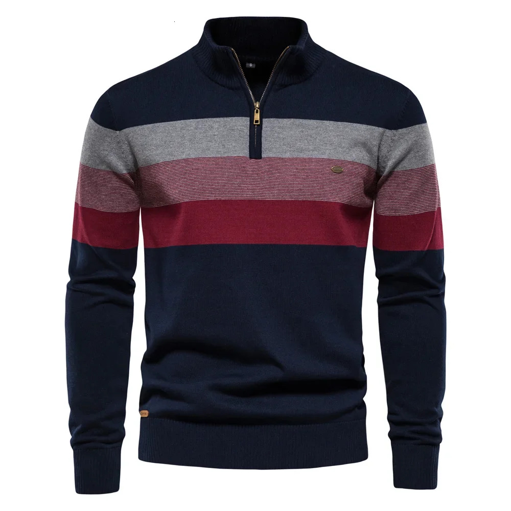 Autumn Winter Men's Sweater Half High Collar Color Matching Stripe Pullover High-Quality Male Business Casual Knitwear Sweaters