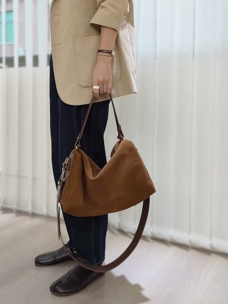 Autumn Office Ladies Vintage Single Shoulder Zip High Capacity Soft Suede Genuine Leather Pillow Bag Women Crossbody Bags