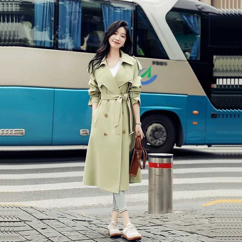 British Style Mid-Length Windbreaker With Belt Green Orange Spring Autumn New Women Casual Lapel Long Sleeve Female Trench CoatX240921