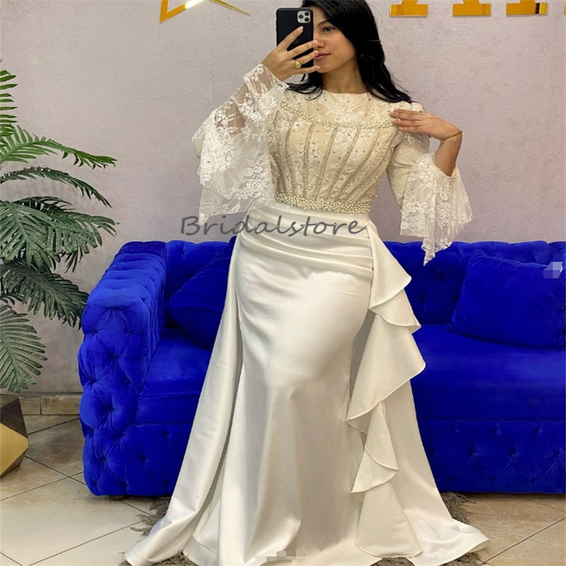Glam Mermaid Wedding Dresses With Detachable Train Elegant Saudi Arabian Country Bridal Dress Lace Beaded Long Sleeve Bride Gown 2025 Robe De Mariee v