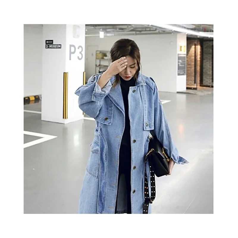 New Korean Loose Slim Denim Trench With Belt Waist Retraction Womens Spring Autumn Mid Length Single Breasted Wrap Fashion CoatX240921