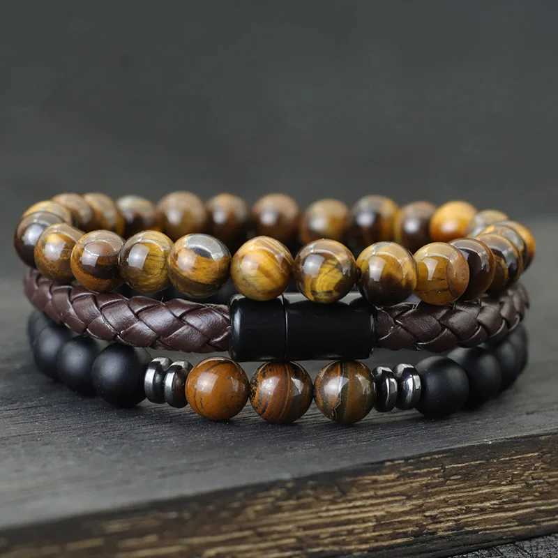Trendy Men Bracelet Set 3pcs Minimalist Leather Braclet 8mm Natural Tiger Eyes Stone Braslet Beaded Brazalete Pulsera Homme GiftX240921