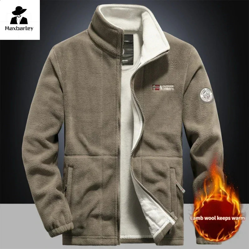Winter Warm Fleece Jacket Mens Climbing Double Thickened Pocket Jacket Outdoor High Collar Windproof Ski Sweatshirt Coat Men 240920