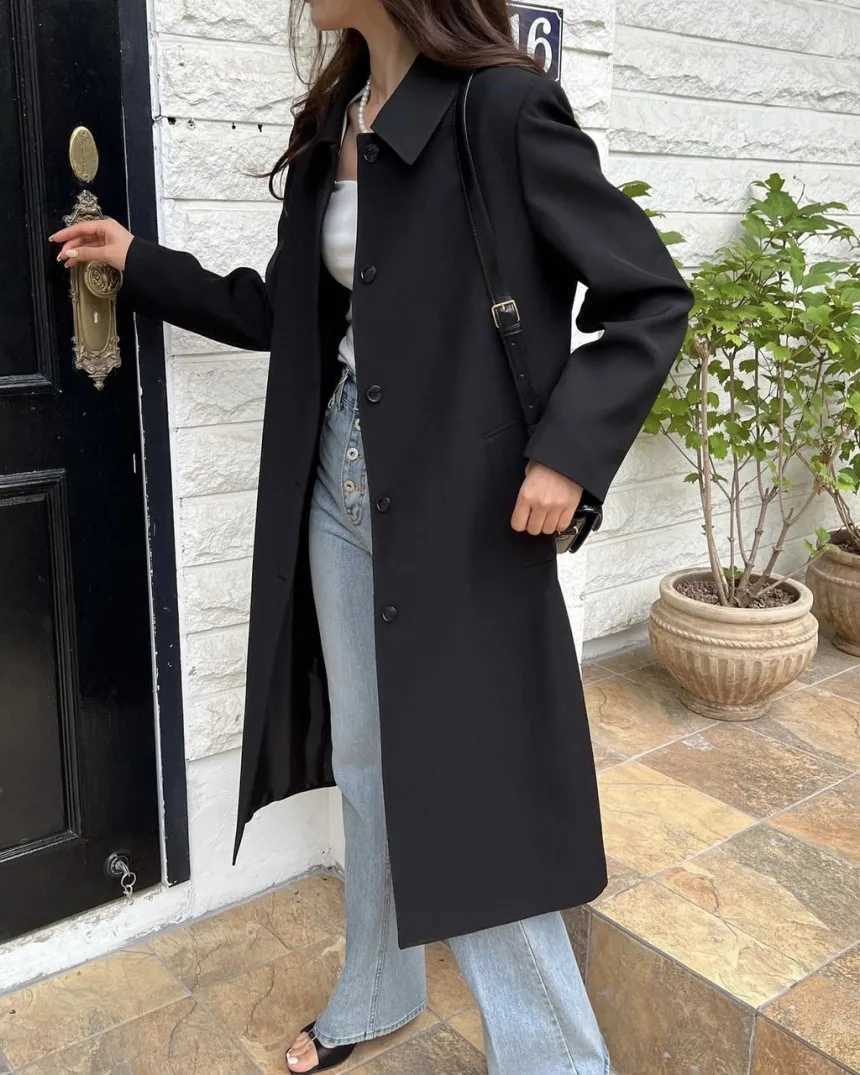 Autumn Winter Single Breasted Lace Up High Waist Cinched Long Windbreaker Coat Womens TrenchX240921