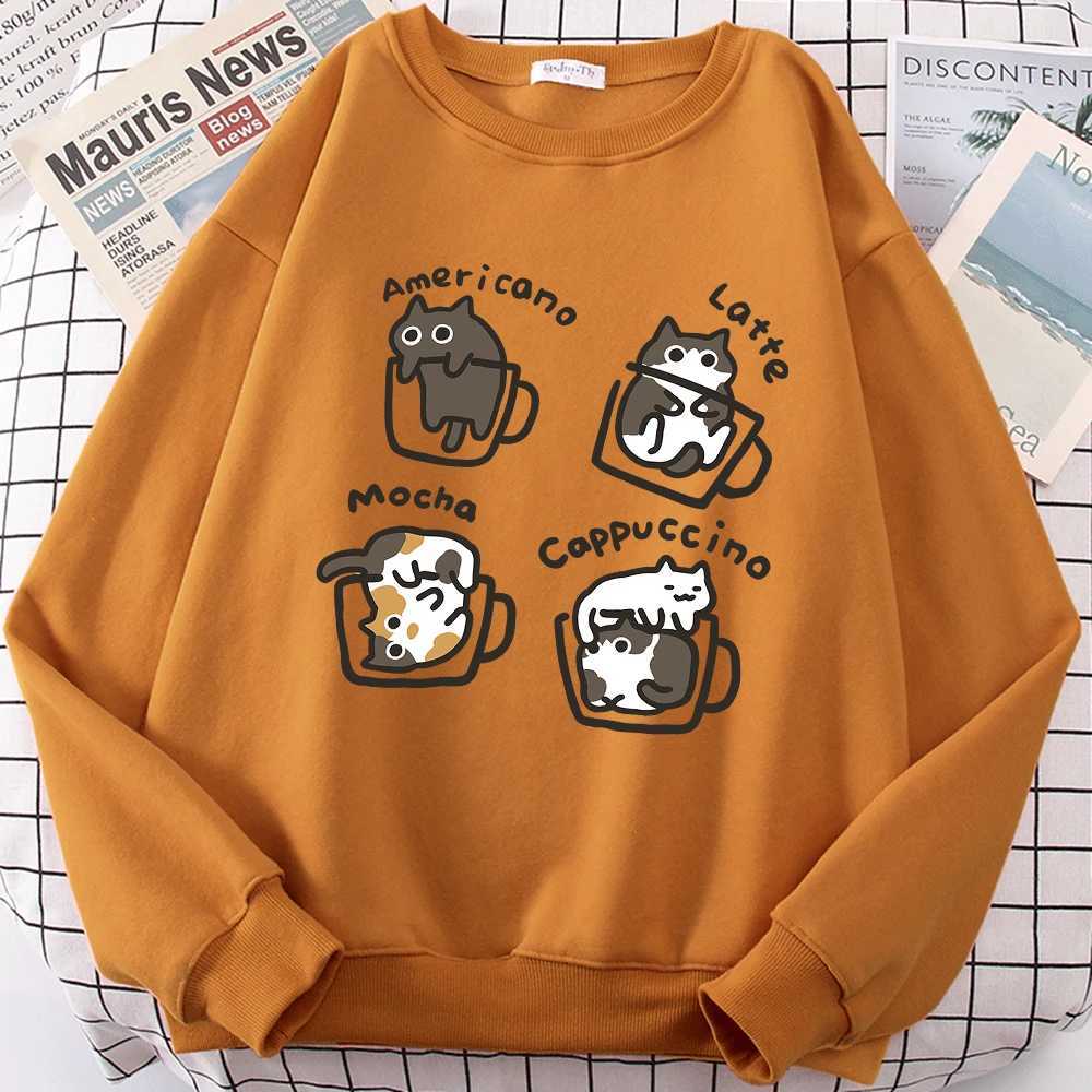 American style coffee cat cute printed hoodie mens cartoon street clothing fashionable printed hoodie Japanese Harajuku sportswear hoodie W240921