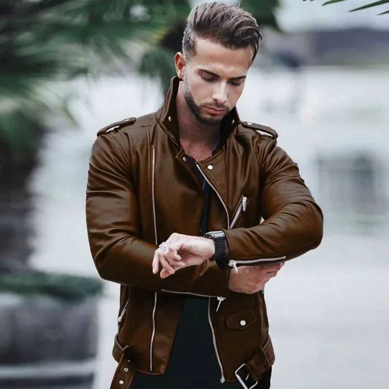 New autumn and winter mens Pu leather jacket oversized stand up collar fashionable slim fit zipper leather jacket W240918
