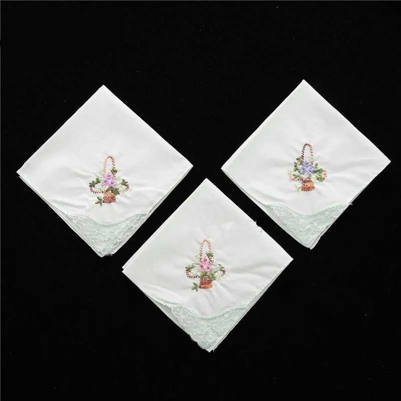 3Pcs 28x28cm 100% Cotton Hankies Embroidered Lace Flower Hanky Lady Handkerchief Towels For Wedding SouvenirX240921