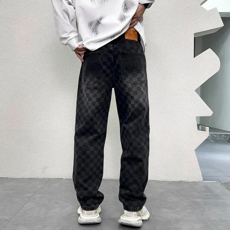 Plaid printed jeans for men Autumn Fashion Street straight loose casual wide-leg mop Y2K denim long pants 240911