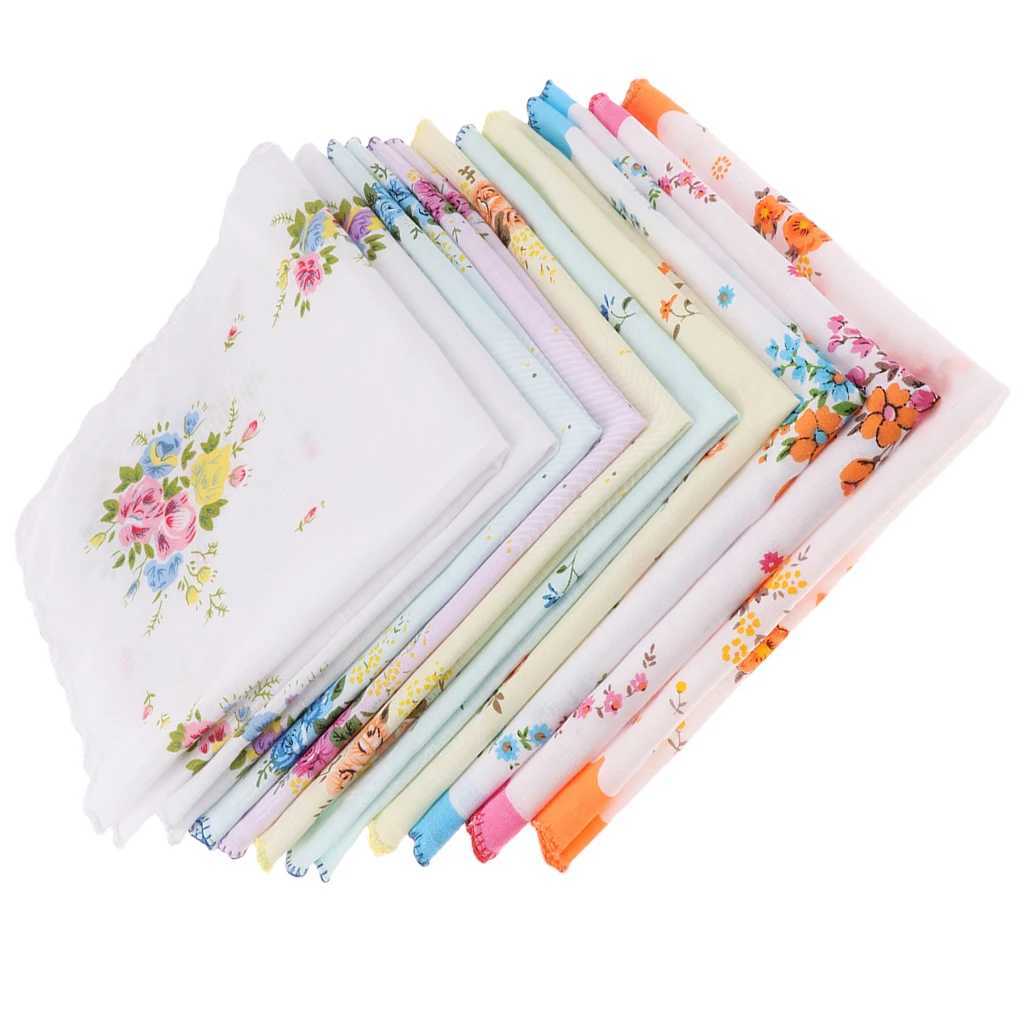 10x Women Cotton Printed Handkerchief Hanky Kerchiefs Pocket Square Blossom Design with Wavy Edge Women HandkerchiefsX240921